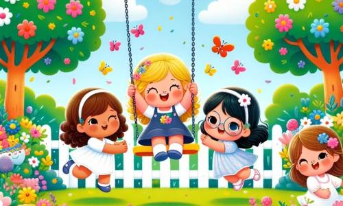 Dans un parc verdoyant, quatre filles s'amusent. Mia, 7 ans, pousse Lila, 6 ans, sur une balançoire. Lila rit aux éclats, tandis qu'Emma, 7 ans, attend son tour avec un sourire. Zoé, 6 ans, est prête à pousser Emma. Le parc est rempli de fleurs colorées et d'un ciel bleu. Les filles jouent ensemble, partageant rires et sourires, illustrant la beauté de l'amitié.