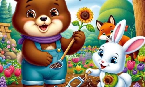 Un ours brun nommé Boubou, au pelage doux et aux yeux pétillants, plante des graines dans un jardin coloré, son visage rayonnant d'excitation. À ses côtés, une petite lapine blanche nommée Lila, avec de grandes oreilles et un sourire éclatant, tient une petite pelle pour l'aider, tandis qu'un renard espiègle nommé Max, au pelage roux vif, observe malicieusement en tenant des graines de tournesol. Le jardin est enchanteur, rempli de fleurs éclatantes et d'insectes bourdonnants, avec des arbres majestueux et un ciel bleu clair en arrière-plan. Boubou, Lila et Max, unis par l'amitié, partagent rires et sourires en préparant leur jardin pour le printemps, pleins d'espoir et de joie.