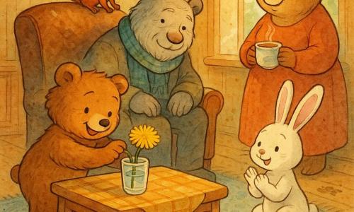 Ourson Brun, petit ourson au pelage duveteux, sourit en posant délicatement un pissenlit jaune dans un verre d'eau sur une table basse; autour de lui, Grand-Papa Ours grisonnant, assis dans un fauteuil en bois, sourit tendrement, Grand-Maman Ours tient une tasse de tisane près de la fenêtre, Lili la lapine applaudit accroupie, Pico l'écureuil est perché sur le dossier du fauteuil et une petite souris grise observe sur le tapis; le salon en bois clair, baigné de soleil et donnant sur un jardin, crée une atmosphère intime, chaleureuse et printanière.