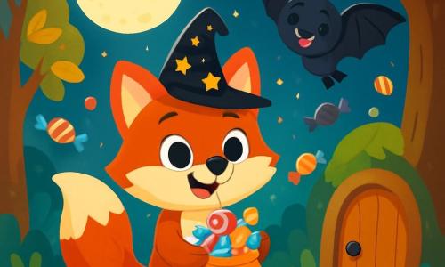 Un petit renard roux, Félix, avec une fourrure brillante et une queue touffue, se tient au centre d'une clairière illuminée par la lune. Il porte un chapeau de sorcier noir orné d'étoiles dorées et tient une poche à bonbons pleine de sucreries colorées. À ses côtés, Léo, une petite chauve-souris aux ailes noires, vole joyeusement autour de lui, exprimant la joie. La clairière est entourée d'arbres aux feuilles dorées et argentées, et des bonbons flottent dans l'air, créant une ambiance féerique. Félix et Léo découvrent un grand arbre avec une porte mystérieuse, prêts à entrer dans un monde magique rempli de bonbons et d'aventures.