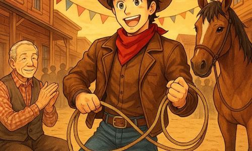 Un cow-boy dans la trentaine, joyeux et fier, chapeau usé, veste en cuir et foulard rouge, tient un lasso enroulé autour d’un tonneau au centre d’une place poussiéreuse au coucher du soleil ; à gauche, un homme âgé aux cheveux gris applaudit assis sur un banc, à droite le cheval bai Éclair se tient calme, crinière ébouriffée ; façades en bois ocre et rouge fané, trottoirs en planches, banderoles flottantes et tonneaux empilés, foule esquissée en arrière-plan ; atmosphère triomphante du concours de lasso, style manga aux traits doux, yeux expressifs, couleurs saturées et textures marquées, composition centrée sur le cow-boy victorieux.