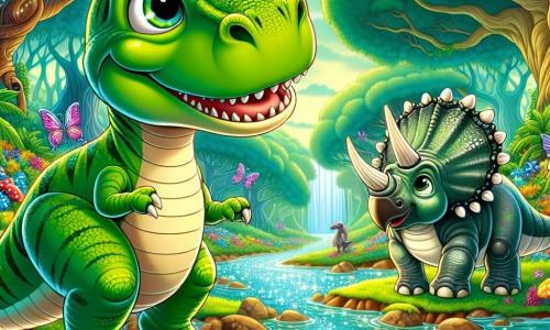 Un jeune Tyrannosaure Rex nommé Térence, avec une peau verte éclatante et des yeux pétillants, se tient au bord d'une rivière scintillante, souriant. À ses côtés, Trico, un Tricératops aux trois cornes imposantes, le regarde avec inquiétude, ses grands yeux ronds curieux. En arrière-plan, une forêt mystérieuse s'étend avec des arbres géants aux troncs larges, des feuilles brillantes et des fleurs multicolores. Térence et Trico sont prêts à s'aventurer dans la forêt interdite, entourés de couleurs vives et d'une atmosphère magique, avec des fleurs chantantes et des pierres dansantes.