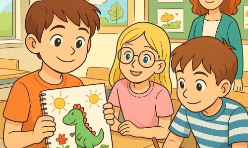 Un garçon de 10 ans, Hugo, aux cheveux bruns et aux yeux pétillants, est assis à une table dans une classe lumineuse. Il sourit timidement tout en tenant un carnet de croquis rempli de dessins colorés. À côté de lui, Lila, une fille de 10 ans avec des cheveux blonds et des lunettes, admire ses dessins. Mathis, un autre garçon de 10 ans avec des cheveux châtains, essaie de dessiner un chat sur une feuille de papier. La classe est décorée de posters colorés et de dessins accrochés au mur, avec des fenêtres laissant entrer la lumière. Hugo partage fièrement ses talents de dessinateur, tandis que la maîtresse les observe avec bienveillance, créant une atmosphère chaleureuse.