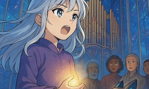 Maïa, une jeune femme aux cheveux argentés et aux yeux déterminés, se tient devant un grand orgue stellaire. Elle est concentrée, touchant une Graine d'Aube lumineuse. À ses côtés, Pipo, un petit animal à la fourrure mi-luminescente mi-métallique, observe avec attention. Ils sont dans une grande salle de la tour du Chœur des Constellations, entourés de murs de verre irisé captant la lumière des étoiles. Maïa chante, une douce lumière émane de la graine, illuminant la pièce et se reflétant sur les visages émerveillés des anciens gardiens en arrière-plan.