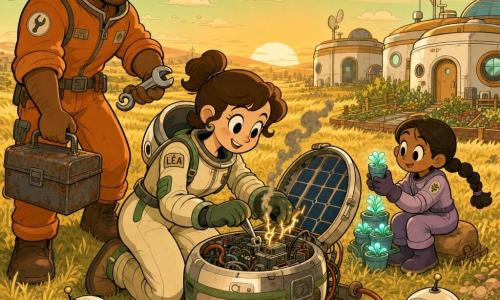 Léa, jeune femme souriante et déterminée aux cheveux bruns courts, casque solaire replié sur la nuque, en combinaison spatiale crème à empiècements verts, est agenouillée et bricole un grand générateur solaire ouvert, mains gantées et regard concentré ; derrière elle, un mécanicien d’une trentaine d’années, robuste, barbe naissante et combinaison orange, tient une boîte à outils rouillée, prêt à lui passer une clé, tandis qu’une fillette d’environ neuf ans en combinaison violette et tresses, assise sur un sac de terre près des maisons naissantes, empile des petites plantes luminescentes en souriant ; décor : vaste plaine dorée aux herbes ondoyantes, petites maisons modulaires blanches et bois clair, jardins en carrés, anneaux flamboyants visibles dans un ciel vert pâle et deux petits robots jardiniers ronds au sol ; scène au coucher du soleil, ambiance chaleureuse avec longues silhouettes, petites étincelles et fumée légère, composition centrée sur Léa et le générateur, palette de tons dorés, verts pâles, pastels chauds avec accents orange et violet, style cartoon rétro « rubber hose » aux lignes arrondies, expressions exagérées et rendu net et coloré, adapté aux enfants.