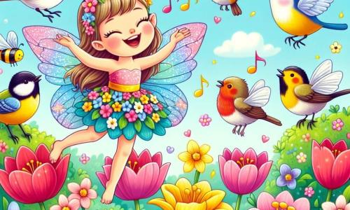 Une petite fée nommée Lili, avec des ailes scintillantes et une robe de pétales de fleurs colorées, vole joyeusement au-dessus d'un jardin en pleine floraison, souriante. À côté, un groupe d'oiseaux aux plumes vives chante gaiement sur une branche. Des abeilles dorées butinent les fleurs, créant une ambiance joyeuse. Le jardin est rempli de fleurs éclatantes sous un ciel bleu parsemé de nuages. Lili danse dans les airs avec ses amis, célébrant le printemps avec rires et chants.