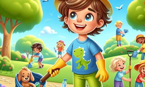 Léo, un petit garçon de 4 ans aux cheveux bruns en bataille et aux yeux curieux, sourit en ramassant des déchets dans le parc. Il porte un t-shirt bleu avec un dinosaure et un short jaune. À ses côtés, sa maman, une femme d'environ 30 ans aux cheveux blonds, porte un chapeau de soleil et ramasse une bouteille en plastique tout en lui souriant fièrement. Le parc est rempli d'arbres majestueux, de fleurs colorées et d'un ciel bleu clair avec des nuages. Des oiseaux chantent sur les branches. La scène montre Léo et sa maman nettoyant le parc, entourés d'enfants souriants et déterminés à rendre l'endroit plus beau, créant une atmosphère de camaraderie et de joie en prenant soin de la nature.