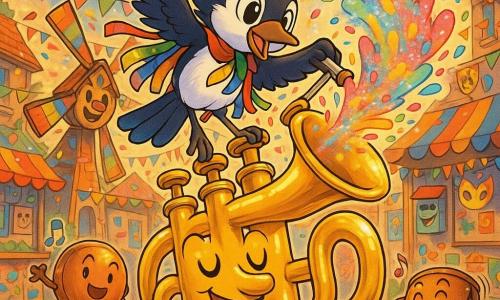Plume-Safran, petite pie anthropomorphe aux plumes blanches et jaune-orangées, porte une cape arc-en-ciel de rubans et un chapeau pointu en papier brillant, et vole au-dessus d’une grande trompette dorée animée qui, fière et polie, crache des tourbillons denses de confettis en tirant son levier; derrière, un moulinet à vent en bois peint au visage souriant tourne vite et propulse le jet de papier, tandis que tambours et casseroles cuivrés ronds rient, frappent la mesure et dansent sur les pavés d’une petite place de carnaval garnie d’un kiosque peint, boîtes aux lettres chantantes, murs peints d’enfants, lanternes en papier rouges, jaunes et bleues accrochées à des guirlandes de fanions, masques et confettis collés, le tout baigné d’une lumière douce de fin d’après-midi autour d’une explosion joyeuse de confettis avec Plume-Safran au centre, capes et rubans flottant.