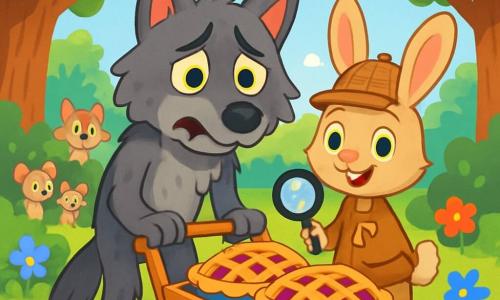Un grand loup au pelage gris et aux yeux d’ambre se tient dans une clairière ensoleillée, l'air triste et hésitant, regardant des tartes aux baies avec des pattes tremblantes. À ses côtés, un petit lapin détective nommé Gustave, en casquette et avec une loupe, lui sourit pour l'encourager. La clairière est entourée d'arbres et de fleurs, tandis qu'un groupe d'animaux curieux observe la scène. Le loup, avec une charrette pleine de tartes, tente de s'excuser, et les autres animaux commencent à sourire et à s'approcher pour l'accueillir.