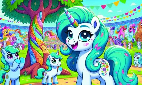 Dans un pré verdoyant sous un ciel bleu, Naya, une petite licorne turquoise, sourit fièrement en montrant son arbre tropical coloré. À ses côtés, Milo, une licorne à la crinière argentée, applaudit avec enthousiasme. En arrière-plan, Griselda, une licorne à la crinière dorée, observe avec curiosité. Le lieu est décoré de guirlandes colorées et de lanternes scintillantes, avec une fresque murale représentant les histoires de chaque licorne, symbolisant l’unité dans la diversité. La scène capture un moment joyeux où les licornes célèbrent leurs différences lors de la fête de la diversité.