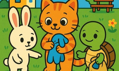 Petit chat anthropomorphe au pelage orange rayé, grands yeux ronds et sourire soulagé, serre contre sa poitrine un doudou bleu usé; à sa gauche, un lapin blanc aux longues oreilles roses, expression curieuse, pointe une piste de miettes; une petite souris grise, malicieuse, tient un morceau de biscuit près d’un coin de carton; une petite tortue verte à carapace brune, timide puis joyeuse, tient un sac en toile d’où dépasse le doudou et se tient légèrement derrière le chat; jardin ensoleillé avec herbe texturée, fleurs jaunes et rouges stylisées, un banc en bois simple et une maisonnette pastel en arrière-plan; scène centrée et claire montrant les amis réunis autour du doudou retrouvé, atmosphère chaleureuse, couleurs vives, formes simples et contours épais pour être lisible par un tout-petit.