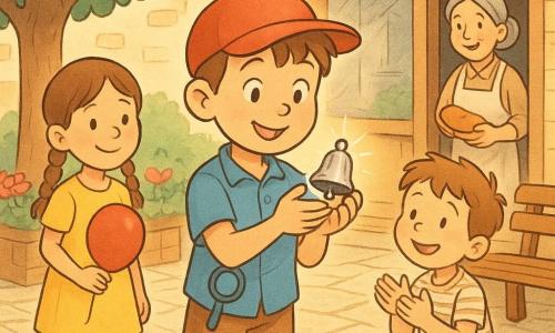 Paul, 6 ans, casquette rouge, tient une petite clochette argentée brillante au centre d'une place pavée ensoleillée tandis que Zoé, 5 ans, en tresses et robe jaune, sourit en tenant un ballon rouge à gauche, Léo, 6 ans, genoux poussiéreux et chemise rayée, applaudit avec une petite voiture bleue à droite; Lou, la boulangère, en tablier beige, se tient à la porte de sa boutique en bois en offrant un pain, et le chat blanc Minette est assis au pied du banc — ambiance de célébration, couleurs chaudes, lignes claires et textures visibles du pavé et des tissus.
