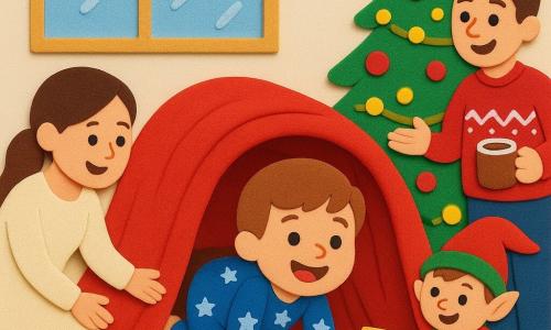 Un garçon de 4 ans, cheveux châtain clair, en pyjama bleu à étoiles, rampe dans un tunnel fait de chaises couvertes d'une grosse couverture rouge en riant; un petit lutin en costume vert et rouge, bonnet pointu, est assis au bout du tunnel avec une mini-pancarte 