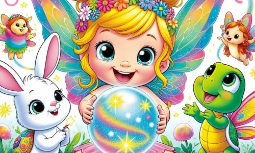 Au centre de l'image, Lila, une petite fée aux ailes colorées, sourit en tenant une boule de cristal brillante. Ses yeux pétillent d'excitation et ses cheveux dorés flottent autour d'elle. À sa droite, Pipo, un lapin aux grandes oreilles, regarde la boule avec curiosité et inquiétude, assis sur un coussin moelleux. À gauche, Gigi, une tortue au carapace colorée, sourit avec sagesse, observant ses amis. Max, un petit dragon vert, amuse la scène en soufflant des bulles de savon. Le décor est une clairière enchantée, illuminée par la lune et entourée d'arbres multicolores. Lila et ses amis sont réunis autour de la boule de cristal, prêts à faire un vœu ensemble, dans un moment de bonheur et d'amitié.