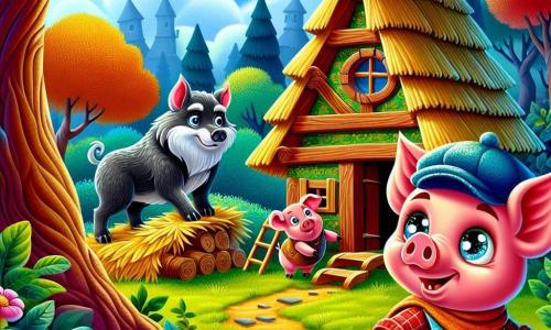 Dans une scène vibrante, le premier petit cochon, un jeune cochon rose curieux, se tient devant sa maison en paille, inquiet mais déterminé. À côté, son frère, un cochon brun tacheté, construit une maison en bois, concentré et un peu nerveux. En arrière-plan, le troisième petit cochon, noir et malicieux, renforce sa maison en brique avec fierté. La forêt enchantée environnante est pleine d'arbres majestueux et de fleurs colorées, sous un ciel bleu avec des nuages. Les trois petits cochons travaillent ensemble tout en surveillant la forêt où le loup rôde, prêt à souffler sur leurs maisons.