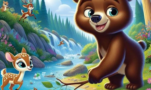 Un jeune ours brun nommé Boris, curieux et souriant, se tient au bord d'une rivière scintillante, ramassant des déchets avec une branche, entouré de fleurs et d'arbres majestueux. À ses côtés, une petite faon nommée Lila, admirative, tient une feuille dans sa bouche, prête à l'aider. En arrière-plan, des écureuils sautent en transportant des morceaux de plastique, tandis que des oiseaux chantent. La scène illustre Boris et ses amis unis dans leur mission de nettoyer la rivière, soulignant l'importance de prendre soin de la nature avec joie.