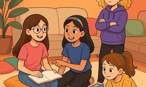 Quatre personnages sont présents : Noémie, 11 ans, avec de longs cheveux bruns et des lunettes rondes, assise sur un coussin en forme d'étoile, un carnet sur les genoux et un sourire ; Ambre, 12 ans, aux cheveux blonds bouclés, debout avec les bras croisés et une expression déterminée ; Chloé, 11 ans, avec des cheveux châtains en queue de cheval, accroupie en train de dessiner ; et Rose, 12 ans, avec des cheveux noirs et un bandeau, assise à côté de Noémie, montrant une idée dans son carnet. L'action se déroule dans le salon de Noémie, devenu un espace créatif, avec des coussins colorés, des couvertures sur les canapés et des guirlandes lumineuses. Les amies échangent des idées avec enthousiasme, créant une atmosphère joyeuse et dynamique, illustrant leur confiance en soi à travers la collaboration.