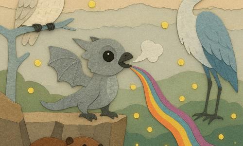 Kiri, petit être ailé mi-oiseau mi-dragon aux ailes gris perle et yeux fumés, debout au sommet des Pics de Verre, expire une note qui se transforme en rubans musicaux multicolores; Maris, vieille chouette-lune ivoire tachetée d’argent, perchée sur une branche de verre au-dessus, incline la tête pour écouter; Saba, grand héron au cou de nuages bleus, se tient calme et protecteur à droite, tandis qu’un castor de mica pose une petite digue de papier et mousse au premier plan et qu’un chapelet de lucioles jaunes flotte autour, le tout rendu comme des formes collées sur un paysage de falaises facettées et ciel pastel en couches de papier, vallée brumeuse en dessous.