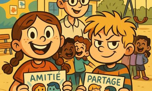 Une photo de groupe ensoleillée dans la cour d’école : une fillette de 8 ans au visage rond et taches de rousseur, cheveux châtains en deux nattes, souriante et confiante tient un dessin « amitié », à côté d’un garçon d’environ 7 ans (Lucas) aux cheveux blonds en bataille et sourire malicieux portant un pull rayé et tenant un dessin « partage », une maîtresse (Mme Dupuis, 30–40 ans) aux cheveux en chignon gris-bleu et lunettes, blouse claire, pose la main sur l’épaule d’un enfant en souriant, d’autres enfants (6–9 ans) rieurs forment un groupe bras dessus-dessous tenant des petits dessins colorés autour d’un grand panneau mural peint à la main aux couleurs vives (bleu, jaune, vert) affichant mots et dessins ; composition centrée, lumineuse, couleurs saturées et contours souples, style rubber hose.