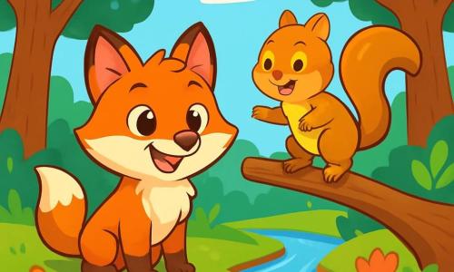 Un renard aux yeux pétillants et à la fourrure rousse, nommé Félix, se tient joyeusement au bord d’un ruisseau, souriant malicieusement. À ses côtés, un petit écureuil brun doré, nommé Simon, grimpe sur une branche, prêt à sauter. La scène se déroule dans une forêt enchantée avec de grands arbres aux feuilles vertes et des fleurs colorées au sol. Félix et Simon se préparent à s’entraider pour franchir un petit obstacle, illustrant leur amitié et leur esprit d’équipe dans la beauté de la nature.