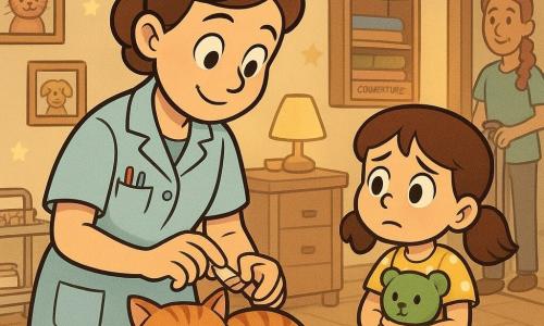 Une vétérinaire souriante et calme d’une trentaine d’années, cheveux châtains en chignon, blouse bleu clair avec poche à stylos, pose un pansement sur la petite patte d’un chat roux tigré nommé Pilou qui ronronne sur une couverture crème, une fillette de 6 ans, Zoé, en robe jaune à pois blancs et couettes, tient une peluche verte et regarde inquiète puis soulagée assise sur un tabouret; en arrière-plan deux aides vétérinaires (un homme en t‑shirt vert et une femme à tresse rousse) rangent un chariot près d’une porte; la pièce est une petite clinique chaleureuse aux murs crème avec étoiles projetées par une veilleuse lune, étagères en bois avec couvertures colorées, affiches d’animaux souriants, lampe jaune douce, sol en bois clair et rideau pastel — ambiance apaisante, couleurs chaudes, textures laine et bois, lumière tamisée, expressions tendres et style cartoon rétro.