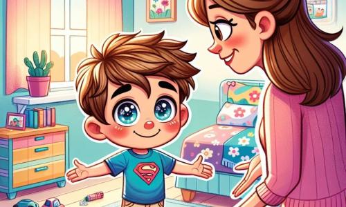 Lucas, un garçon de 6 ans aux cheveux bruns en bataille et aux yeux curieux, se tient dans sa chambre avec un sourire timide. Il porte un t-shirt bleu avec un super-héros et un pantalon beige. Sa maman, une femme d'une trentaine d'années aux cheveux châtains en chignon, le regarde avec un sourire aimant, agenouillée à ses côtés, en pull rose et jean, les bras tendus pour l'encourager. La chambre est remplie de jouets colorés, avec des voitures sur le sol, des livres sur une étagère et un lit à motifs de nuages. La lumière du soleil crée une atmosphère chaleureuse. Lucas avoue à sa maman qu'il n'a pas rangé ses jouets, partageant un moment de complicité qui illustre l'importance de la vérité et de la confiance.