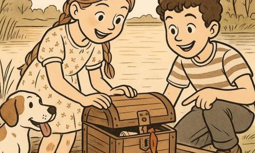 Fille de 10 ans joyeuse et émerveillée, cheveux châtain clair en tresses, robe simple à petits motifs et genoux légèrement sales, penchée pour ouvrir un petit coffre en bois posé sur le bord d’un vieux bateau en bois partiellement enfoui dans la vase ; garçon d’environ 9 ans, Lucas, visage souriant, cheveux courts bouclés, t-shirt rayé, accroupi à droite derrière elle et pointant le coffre ; chien moyen nommé Max, poil court et tacheté, langue pendante, assis à gauche du coffre et regardant la scène ; lieu : rivage d’un lac calme au coucher du soleil avec eau miroitante, roseaux et quelques arbres en arrière-plan ; situation : découverte et ouverture d’un coffre ancien, expressions d’émerveillement et de complicité, serrure en fer, ruban rouge et parchemin roulé visibles ; style : line art à l’encre fine, traits propres, contrastes nets, hachures pour textures de bois et d’eau, composition centrée sur les visages et le coffre, ambiance douce et chaleureuse.