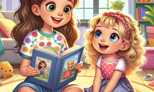 Léa, 10 ans, est assise sur un canapé moelleux, les yeux pétillants et un sourire radieux. Elle a de longs cheveux bruns en couettes et porte un t-shirt coloré et un short en jean. Elle tient un livre illustré, plongée dans une aventure. À côté, sa sœur Emma, 6 ans, aux cheveux blonds bouclés, est allongée sur le tapis, émerveillée par les illustrations. Leur salon est chaleureux, avec des murs jaunes pastel et des jouets éparpillés. La lumière du soleil illumine la pièce, créant une ambiance joyeuse. Léa et Emma partagent un moment de complicité, découvrant un monde magique à travers le livre, la télévision éteinte en arrière-plan.