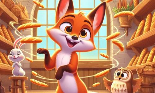 Un petit renard nommé Rolo, avec un pelage orange vif et des yeux pétillants de curiosité, danse joyeusement au centre d'une boulangerie. À sa gauche, Lola la lapine, avec ses grandes oreilles blanches, l'observe avec émerveillement, prête à applaudir. À droite, Tito le hibou, perché sur une étagère, rit en battant des ailes. La boulangerie, chaleureuse et accueillante, est remplie de pains dorés et de gâteaux colorés, illuminée par une douce lumière. Rolo, Lola et Tito célèbrent ensemble la découverte d'un chef caché dans le four, entourés de baguettes dansantes, dans une atmosphère festive où règnent joie et amitié.