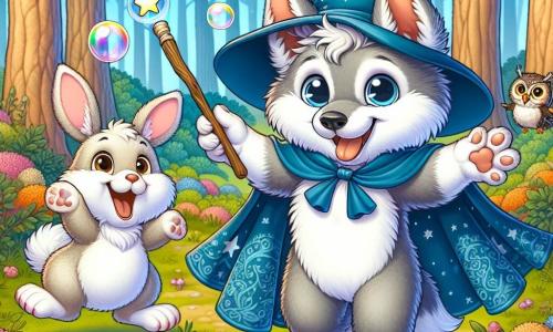 Un petit loup magicien nommé Loulou, avec une fourrure grise et des yeux curieux, porte une cape bleue et un grand chapeau pointu. Il saute de joie en agitant une baguette magique, entouré de bulles de savon colorées. À ses côtés, un lapin nommé Benjamin rit, tandis qu'une chouette nommée Lila vole en faisant des pirouettes. La scène se déroule dans une forêt enchantée, avec des arbres majestueux et des fleurs multicolores. Loulou essaie de faire apparaître des carottes, mais crée des bulles de savon, suscitant rires et joie parmi ses amis.