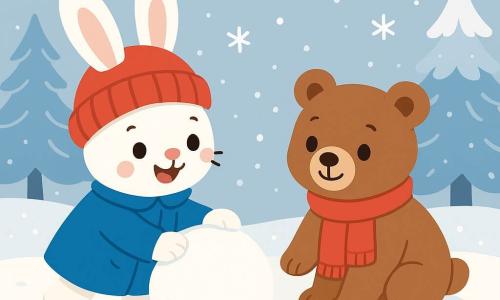Petit Lapin, un adorable lapin aux grandes oreilles et à la fourrure blanche, porte un bonnet rouge et un gros manteau bleu. Il sourit joyeusement en roulant une boule de neige. À côté de lui, Petit Ours, un ours en peluche brun avec une écharpe rouge, observe la boule de neige avec curiosité tout en laissant des empreintes dans la neige. La scène se déroule dans une forêt enchantée, avec des arbres couverts de neige scintillante et un sol blanc. Des flocons tombent doucement, créant une atmosphère magique. Les deux amis s’amusent à construire un bonhomme de neige, riant et jouant ensemble, tandis que la neige crisse sous leurs pattes.