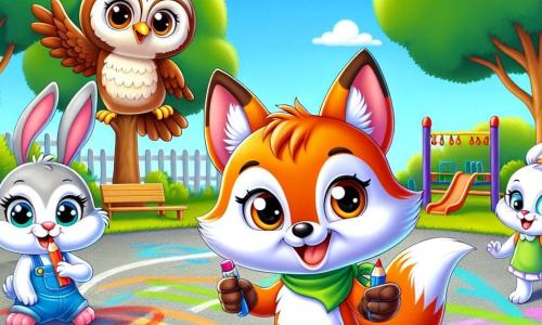 Un renard nommé Rémy, au pelage orange et aux yeux curieux, se tient dans une cour d'école ensoleillée, souriant et tenant des crayons de couleur. À sa droite, Chloé, une chouette aux plumes brunes, l'observe amicalement depuis une branche. À gauche, Léo, un lapin aux grandes oreilles et à la fourrure blanche, saute joyeusement. Plus loin, Tilly, une tortue à la carapace verte, dessine sur le sol avec des craies. La scène se déroule dans une cour entourée d'arbres, avec des jeux colorés et un ciel bleu. Rémy et ses amis jouent ensemble, découvrant le plaisir d'apprendre et de se faire des amis lors de leur première journée d'école.
