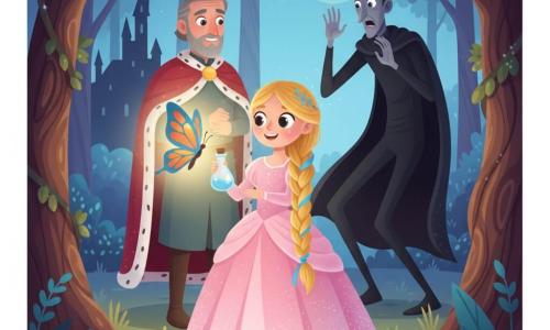La princesse courageuse et souriante, aux longs cheveux blonds tressés avec des rubans bleus, porte une robe rose pâle scintillante et tient une petite fiole d'eau magique qui éclaire son visage; son père le roi, homme mûr à la barbe grise, se tient derrière à gauche, soulagé et fier, tandis que le sorcier Ombre, grand et mince en cape noire, recule effrayé à droite; un grand papillon aux ailes bleues et orange est posé près de la fiole comme pour guider la princesse; le décor est une clairière de forêt magique au crépuscule avec arbres aux troncs torsadés, une petite source brillante et un château sombre en arrière-plan à gauche; la scène montre la princesse au centre repoussant le sorcier avec l'eau magique, couleurs chaudes pour elle et glacées pour lui, composition simple et joyeuse, visages et gestes lisibles pour un enfant de 2 ans.