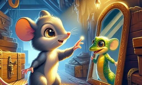 Félix, une petite souris grise aux yeux pétillants, se tient devant un miroir magique, son visage illuminé par l'émerveillement. Il tend une patte vers le miroir, prêt à découvrir ses mystères. À ses côtés, Zéphyr, un lézard vert avec des taches dorées, l'observe avec un sourire malicieux, prêt à l'encourager. Le grenier est poussiéreux et enchanteur, rempli de vieux objets et de livres oubliés, avec des rayons de lumière filtrant par les fenêtres. Félix, excité, s'apprête à toucher le miroir, ignorant qu'il sera transporté dans un monde magique.