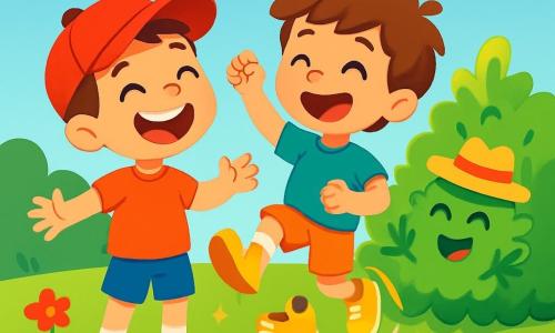 Léo, un garçon de 6 ans avec une casquette rouge, sourit et rit sur l'herbe. Sami, également âgé de 6 ans, court après sa chaussure jaune qui danse près de Léo. Ils se trouvent dans un jardin ensoleillé, rempli de fleurs colorées et d'un buisson touffu au centre. Léo et Sami rient ensemble, entourés de la chaussure qui saute joyeusement, tandis qu'un bâton magique aux couleurs arc-en-ciel brille à côté d'eux. Le buisson, portant un chapeau rigolo, applaudit en remuant ses branches, ajoutant une ambiance joyeuse.