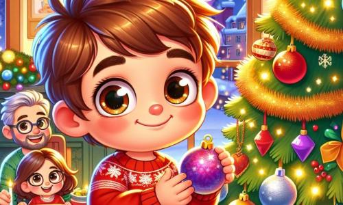 Un petit garçon de 4 ans, nommé Tom, avec des cheveux châtains en désordre et de grands yeux brillants, se tient devant un sapin de Noël décoré. Il porte un pull rouge et un pantalon bleu, souriant en tenant une boule de Noël. Sa maman, une femme d'environ 30 ans aux cheveux longs et bruns, accroche des guirlandes scintillantes, tandis que son papa, un homme d'environ 35 ans avec une barbe légère et des lunettes, prépare la table. La scène se déroule dans un salon chaleureux, rempli de lumières et de décorations festives, avec un sapin majestueux orné de boules colorées et d'une étoile au sommet. Tom admire le sapin et aide ses parents à préparer la fête du Nouvel An, créant une atmosphère joyeuse et festive.