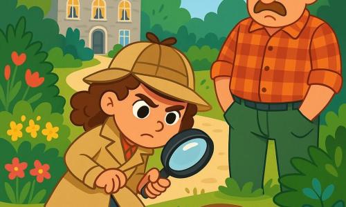 Léa, une jeune détective aux cheveux châtains et bouclés, porte un trench-coat beige et un chapeau de détective. Elle examine attentivement une empreinte de pas dans la boue avec une loupe. À côté d'elle, Pierre, le jardinier d'environ 40 ans, vêtu d'une chemise à carreaux et d'un pantalon de travail, semble nerveux en l'observant. La scène se déroule dans le jardin luxuriant du manoir de la comtesse, entouré de fleurs colorées et de buissons verdoyants, avec le grand manoir en pierre en arrière-plan. L'atmosphère est tendue, car Léa découvre des indices sur le vol du collier de la comtesse, tandis que Pierre semble cacher quelque chose d'important.