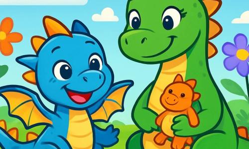 Un petit dragon bleu nommé Léo est assis dans un jardin fleuri, souriant et pétillant de joie. Ses ailes sont petites, mais il est plein d'énergie. À côté de lui, sa maman dragonne aux écailles vertes l'observe avec fierté, tenant une peluche. En arrière-plan, des fleurs colorées dansent au vent sous un ciel bleu parsemé de nuages. Léo, prêt à s'envoler, bat des ailes avec enthousiasme, tandis que sa maman l'encourage, créant une atmosphère d'amour et de soutien.