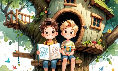 Antoine, un garçon de 11 ans aux cheveux châtains et aux yeux curieux, est assis dans sa cabane en bois dans un chêne, souriant avec un carnet de croquis sur les genoux, entouré de dessins de ses aventures d'été. À côté, son meilleur ami Lucas, également âgé de 11 ans avec des cheveux blonds en bataille, observe les étoiles à travers un télescope, émerveillé. Leur cabane est dans un jardin luxuriant, baigné par la lumière dorée du soleil couchant, avec des fleurs et des arbres fruitiers, créant une ambiance magique. Ils partagent un moment de complicité, plongés dans leurs souvenirs d'été, entourés de la beauté de la nature et des étoiles scintillantes.
