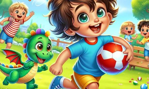 Lucas, un petit garçon de 2 ans aux cheveux bruns en bataille et aux yeux pétillants, court avec un grand sourire et un ballon rouge à la main, vêtu d'un t-shirt bleu et de shorts jaunes. À ses côtés, Pipo, un dragon vert aux écailles brillantes et grandes ailes colorées, s'élève en battant des ailes pour l'encourager. En arrière-plan, un groupe d'enfants de 5 à 7 ans joue au ballon dans un parc verdoyant. Un garçon blond en t-shirt rouge court après le ballon, tandis qu'une fille aux tresses brunes et en robe rose rit en essayant de le rattraper. Le parc ensoleillé est rempli d'arbres, de fleurs et d'une pelouse bien entretenue, avec des bancs en bois et un ciel bleu clair. La scène montre Lucas, aidé de Pipo et des autres enfants, courant joyeusement après un ballon échappé dans un buisson, illustrant l'esprit d'équipe et le plaisir du jeu.