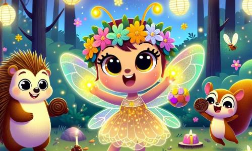 Une luciole nommée Luma, avec une couronne de fleurs et des ailes scintillantes, danse dans une clairière illuminée par des lanternes. Elle tient un cristal de joie dans ses pattes. À ses côtés, un hérisson nommé Gigo, avec un pelage brun et des piquants dorés, célèbre le Nouvel An, tandis qu'un écureuil espiègle nommé Milo, avec une fourrure rousse, saute autour d'eux avec des noix en chocolat. La scène se déroule dans une forêt enchantée, remplie d'animaux réunis pour célébrer dans une ambiance festive et magique, avec des feux d'artifice illuminant le ciel étoilé.