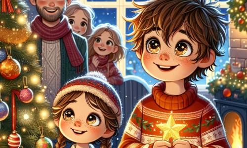 Maxime, un garçon de 11 ans aux cheveux ébouriffés et au grand sourire, admire un sapin de Noël décoré de guirlandes et de boules colorées. Il porte un pull rouge avec des flocons de neige et un bonnet en laine. À ses côtés, sa sœur Élodie, 9 ans, avec des cheveux bruns tressés, tient une étoile dorée qu'elle s'apprête à placer au sommet du sapin. En arrière-plan, leurs parents sourient tendrement, entourés de lumières et de décorations festives. Le salon est chaleureux, rempli de lumières scintillantes, avec une cheminée crépitante et des flocons de neige tombant doucement à l'extérieur. Maxime et Élodie décorent le sapin ensemble, créant des souvenirs inoubliables dans une ambiance festive.