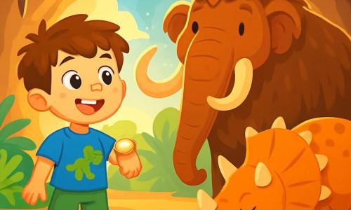 Un petit garçon de 6 ans, Timéo, avec des cheveux bruns en bataille et des yeux curieux, se tient au centre de la scène. Il porte un t-shirt bleu avec un dinosaure et un short vert, son visage exprime l'émerveillement. À côté de lui, un mammouth laineux majestueux et un tricératops broute des feuilles. Le décor est une grotte préhistorique avec des stalactites et des fougères géantes, où la lumière du soleil crée des ombres dansantes. Timéo observe les animaux préhistoriques avec surprise et joie, tenant sa montre brillante, prêt à explorer ce monde fascinant.