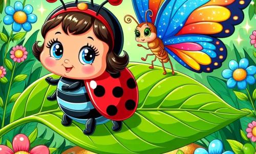 Une coccinelle aux ailes rouges et aux points noirs se tient sur une feuille verte, souriante et prête à explorer. À côté, un papillon multicolore danse dans les airs. Ils se trouvent dans une forêt enchantée avec des fleurs vives et un soleil brillant. La coccinelle découvre un chemin doré scintillant, entouré de fleurs chantantes, et invite son ami papillon à l'accompagner dans cette aventure magique.