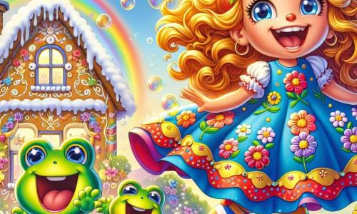 Au centre de l'image, Lili, une sorcière joyeuse aux cheveux bouclés et dorés, porte une robe colorée et des chaussettes rayées. Son visage rayonne de bonheur alors qu'elle saute de joie, entourée de bulles colorées. À ses côtés, deux grenouilles, Gracieuse et Bubbles, sautent avec enthousiasme. Gracieuse, la grenouille verte, a un sourire malicieux, tandis que Bubbles, la grenouille bleue, rit avec des bulles flottant autour d'elle. En arrière-plan, la maison en pain d'épice de Lili est entourée de fleurs chantantes et de papillons colorés, sous un ciel bleu éclatant. La scène principale montre Lili et ses amis concoctant une potion magique dans un grand chaudron, créant une atmosphère de joie et de magie.