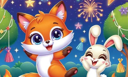 Un petit renard orange vif nommé Roxy danse joyeusement sous un ciel étoilé, entouré de feux d'artifice en papier colorés. À ses côtés, Lila, la lapine blanche, saute de joie, tandis que Titi, le petit écureuil brun, applaudit avec enthousiasme. Ils se trouvent au parc, décoré de guirlandes scintillantes, célébrant ensemble leur amitié et le Nouvel An dans une ambiance festive et colorée.