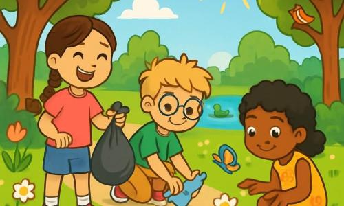 Il y a trois personnages : Léa, une petite fille de 6 ans avec de longs cheveux bruns tressés, un t-shirt rose et un short bleu, souriant en tenant un sac de déchets ; Tom, un garçon de 6 ans avec des cheveux blonds en bataille et des lunettes rondes, portant un t-shirt vert et un pantalon beige, ramassant une bouteille en plastique ; et Naïma, une petite fille de 6 ans avec des cheveux noirs bouclés et une robe jaune à fleurs, accroupie près d'une fleur en observant un papillon. L'action se déroule dans un parc verdoyant, ensoleillé, entouré d'arbres majestueux et de fleurs multicolores. Les trois amis ramassent des déchets pour nettoyer le parc, entourés de déchets éparpillés, mais leur enthousiasme illumine la scène, accompagnée du chant des oiseaux et d'un ciel bleu éclatant.