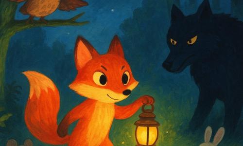 Un renard roux au pelage lumineux tient une petite lanterne cuivrée qui diffuse une lueur dorée et avance confiantly au centre d’une clairière; à l’orée, un grand loup noir-bleuté aux yeux ambre, imposant mais retenu par la lumière, le regarde. Un hibou brun vole au-dessus en projetant des éclats blancs pendant que des lucioles vert-jaune tourbillonnent autour de la lanterne et que souris, hérisson et lapin, rassemblés derrière le renard, observent rassurés. La clairière, herbe argentée par la lune, troncs moussus, fougères et légère brume sous un ciel étoilé, crée une ambiance chaleureuse et sûre où la lumière du renard repousse doucement l’ombre du loup.