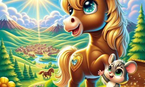 Un magnifique cheval nommé Galopin, avec une crinière dorée et des yeux brillants, se tient au sommet d'une montagne, exprimant joie et accomplissement, prêt à galoper. À ses côtés, sa meilleure amie, une petite souris nommée Mimi, lève une patte en signe d'encouragement, émerveillée par le paysage. Le décor est époustouflant : des collines verdoyantes, des fleurs colorées et des nuages flottants sous un ciel bleu éclatant. Au loin, un village scintille sous le soleil couchant, promettant rires et aventures. Galopin et Mimi découvrent un coffre ancien rempli d'éclats de lumière, symbolisant le trésor de leur amitié et du bonheur, après avoir surmonté de nombreux défis.