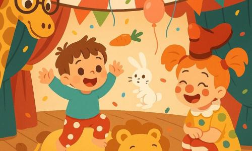 Olivier, 2 ans, souriant et émerveillé, saute sur un grand coussin jaune lion, cheveux bruns en mèches, pantalon rouge à pois blancs, bras levés; à côté, Lulu la clownette aux couettes orange et maquillage doux, chaussure géante sur la tête, rit accroupie; une grande girafe à grosses lunettes se penche depuis l’arrière gauche; un petit lapin blanc lance une carotte orange qui rebondit sur le nez d’Olivier; dans un chapiteau aux rayures rouges et blanches, sol en bois, guirlandes, confettis et ballons bleu, vert et rose flottent sous un éclairage chaud — moment joyeux et dynamique, composition centrée, couleurs vives et formes simples.